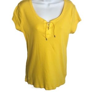 Lauren Ralph Lauren Tee Yellow Rib Knit Lace up front 100% Cotton L